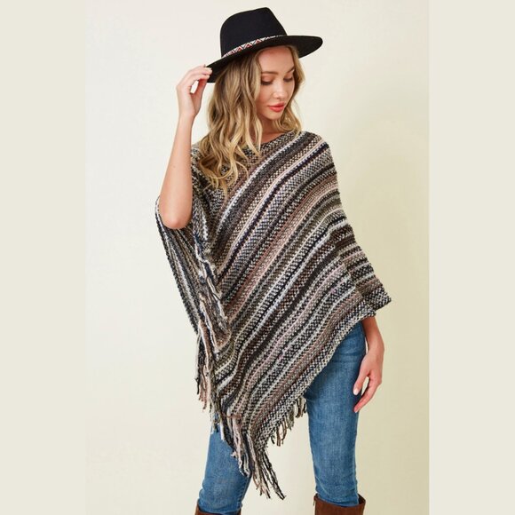 ON BLUE Brown & Black Striped Fringe Poncho - Picture 1 of 9